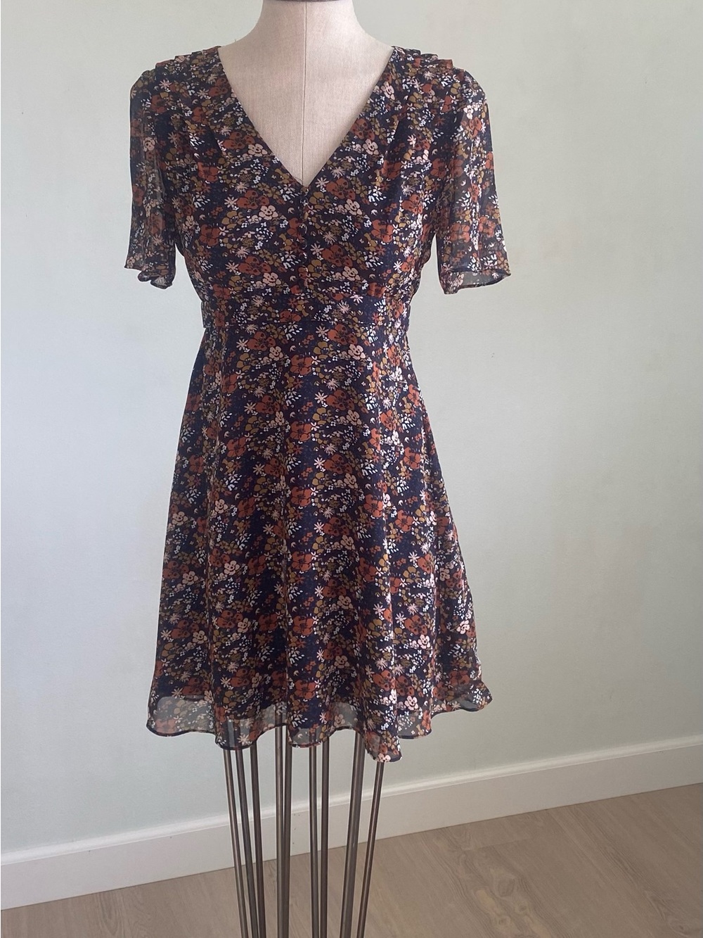 Madewell Navy Mini Dress with Rust and Cream Floral Print